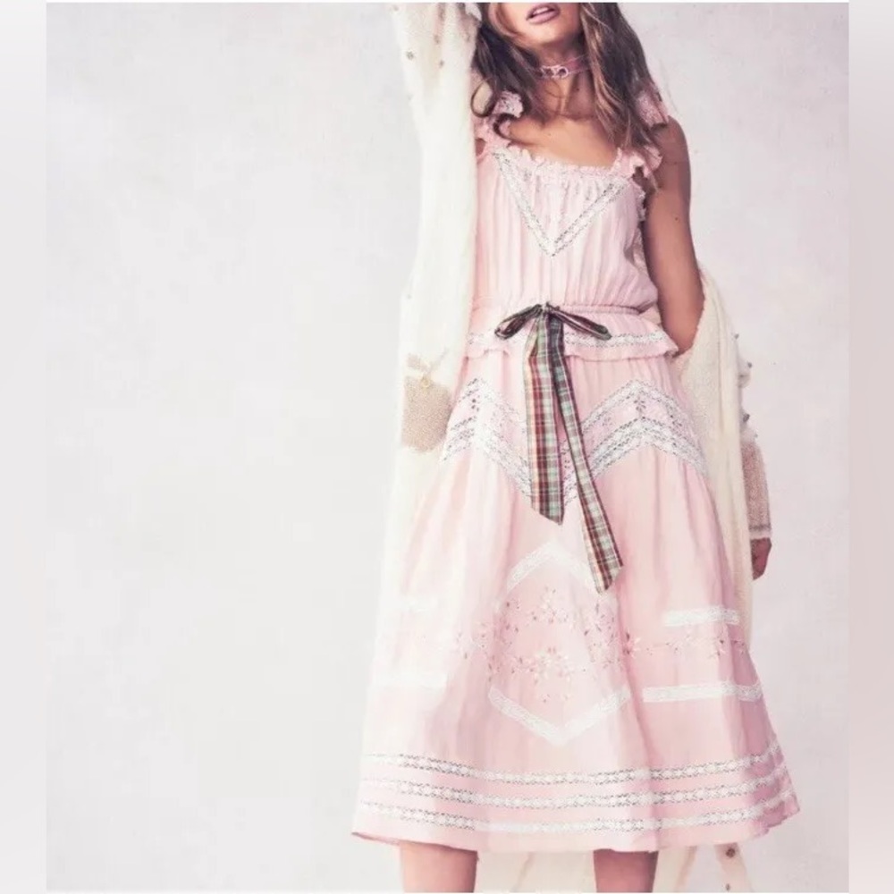 LoveShackFancy Pink Midi Dress with Plaid Ribbon